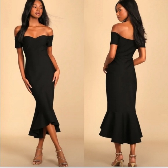 Lulu's Black Off-Shoulder Midi Dress - Picture 1 of 9